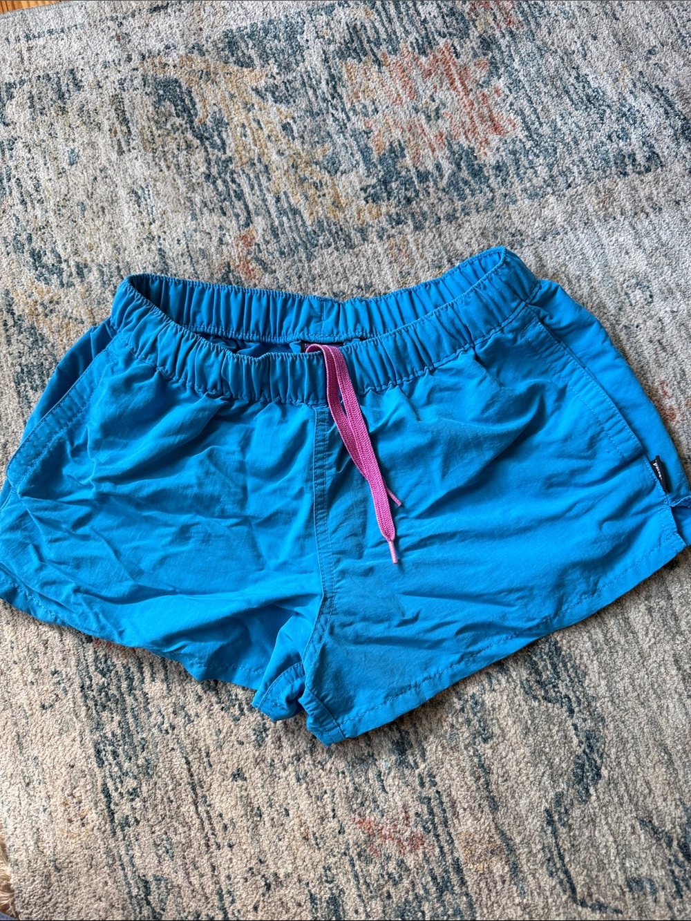 Patagonia Women's Teal Blue Athletic Shorts with Pink Drawstring